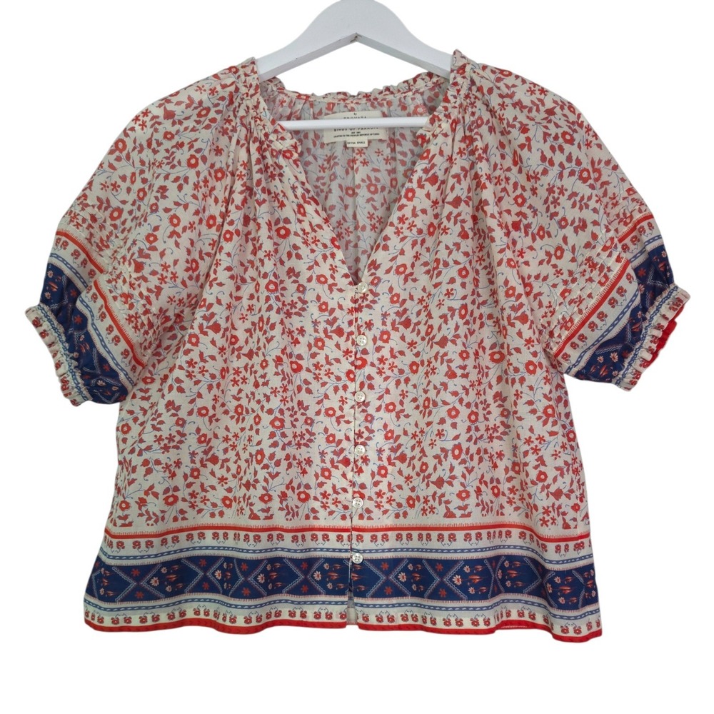 Birds of Paradis Trovata Blouse Womens XS Cotton Red Cream Floral Puff Sleeve